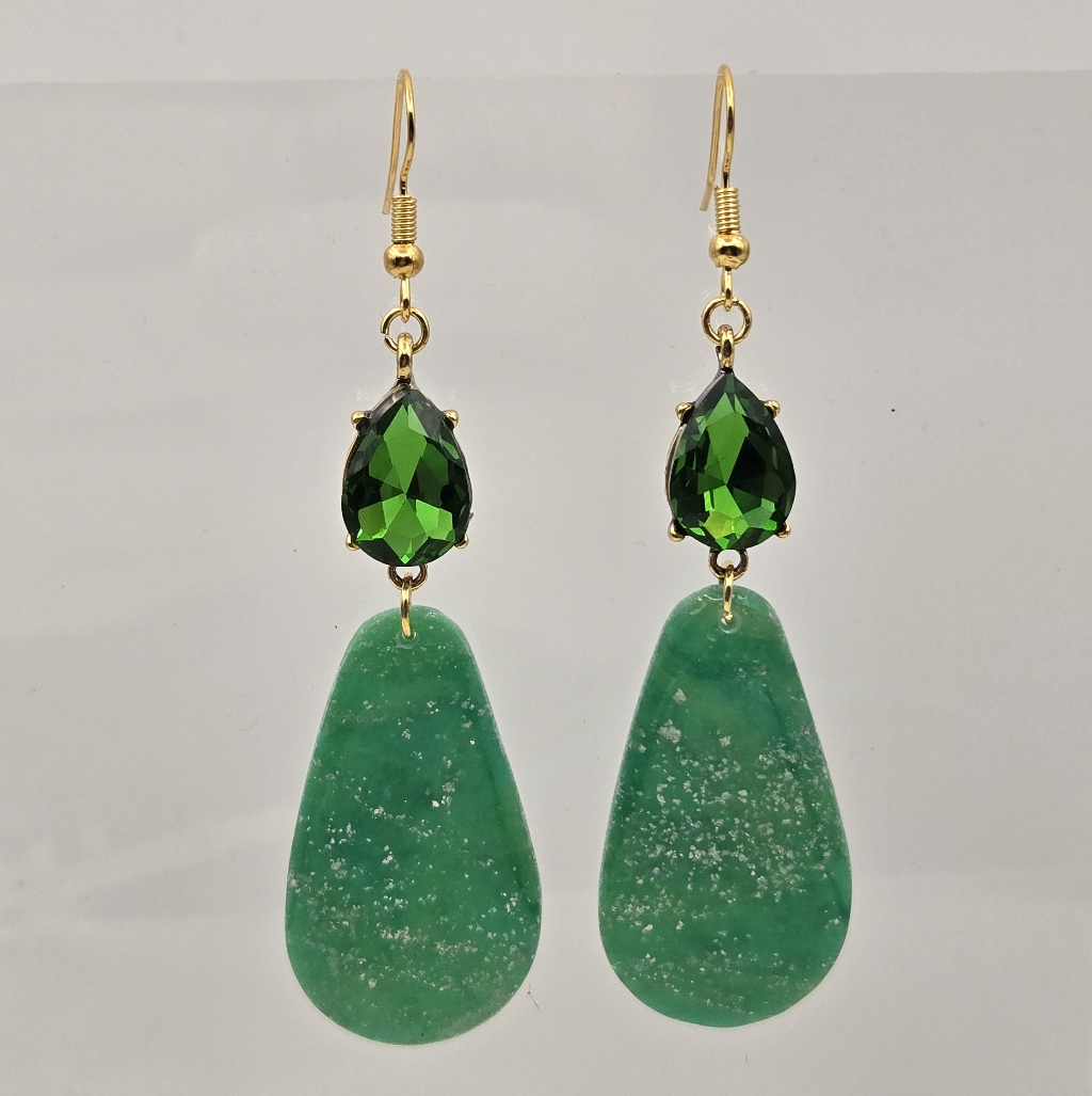 B114- Handmade Green And Gold Teardrop Earrings 20$